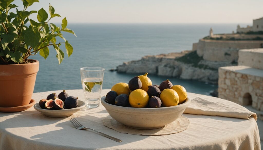 Limestone terrace table with figs, lemons, fresh basil and water, overlooking the calm Maltese sea at golden hour
