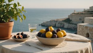 Limestone terrace table with figs, lemons, fresh basil and water, overlooking the calm Maltese sea at golden hour
