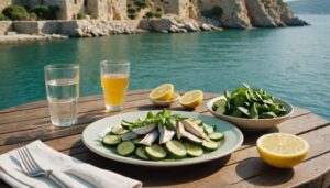 Light Mediterranean meal of fish, courgettes and cucumber with water on a sunlit terrace table by the sea