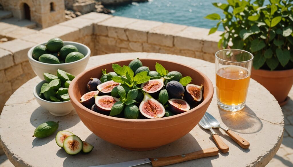 Fresh peppermint, water jug, cucumber and figs on a sunlit limestone terrace table overlooking the sea