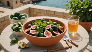 Fresh peppermint, water jug, cucumber and figs on a sunlit limestone terrace table overlooking the sea