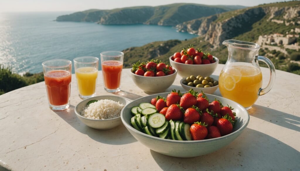 Bowl of fresh strawberries, cucumber, tomatoes and olives on a sunlit Maltese terrace table with water jug