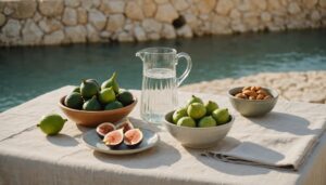 Terrace table in Malta with water jug, fresh figs, cucumber and almonds in warm Mediterranean light