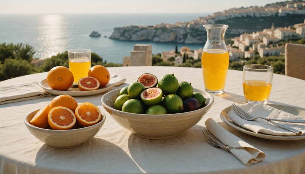 Terrace table with figs, oranges, cucumber, olive oil and water overlooking the Maltese sea in warm golden light