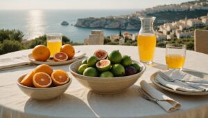 Terrace table with figs, oranges, cucumber, olive oil and water overlooking the Maltese sea in warm golden light