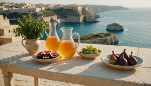 Terrace table with figs, pomegranate, herbs and water jug overlooking the Mediterranean sea in warm golden light