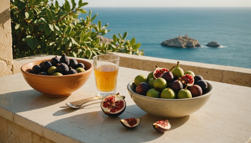 Fresh figs, pomegranate and olives with plain water on a sunlit limestone terrace table overlooking the Maltese sea