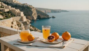 Oranges and a halved pomegranate on a board with a water jug on a sunlit limestone terrace overlooking the sea