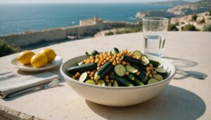 Light Mediterranean lunch bowl of vegetables and chickpeas on a sunny Maltese limestone terrace table